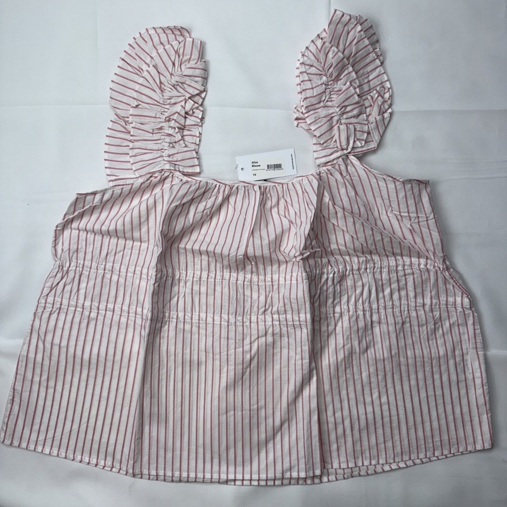 Harshman Alize‎ Flutter Sleeve Top in White/Rose Pink Stripes 1X